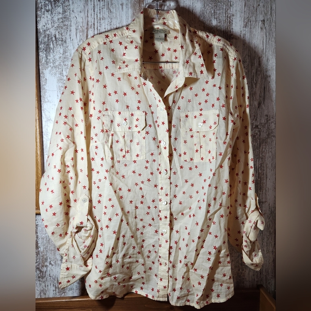 Lucky Brand Cream Button Down Shirt with Red Star Print